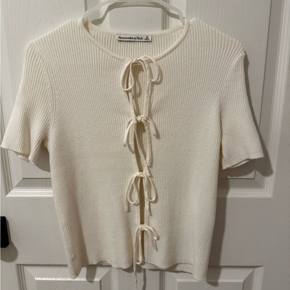 Abercrombie & Fitch Cream Tie-Front Ribbed Top